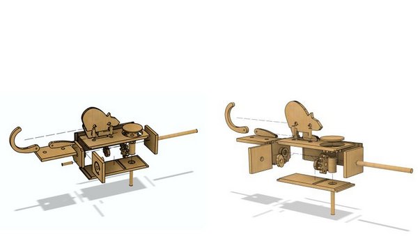Mechanische Antriebstechnik, Katz und Maus als Explosionszeichnung mit CNC-Holzteilen und Montageübersicht