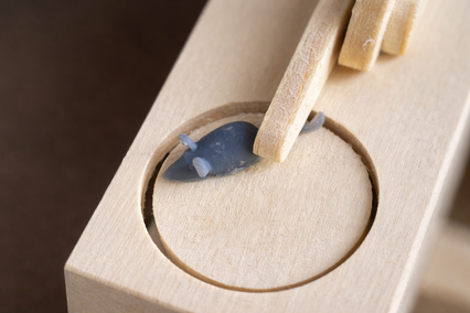 Maus auf rotierendem Teller im Holzmodell Katz und Maus